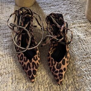 Leopard Print Women's Shoes with Rhinestone Straps